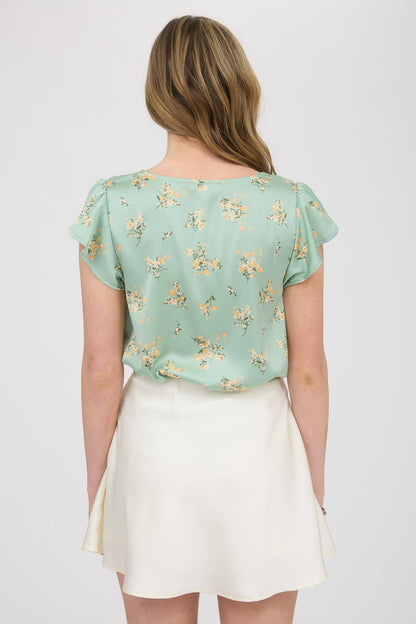 FLORAL PRINT V NECK SCALLOP SATIN BLOUSE