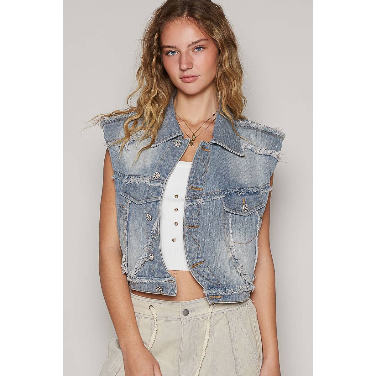 Warped Front Closure Denim Vest