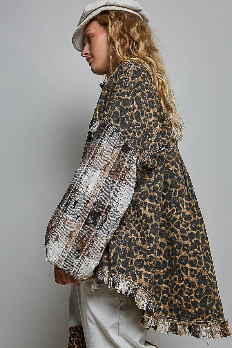 Leopard and Plaid Pattern Raw-Edge Fringe Trim Shirt Jacket