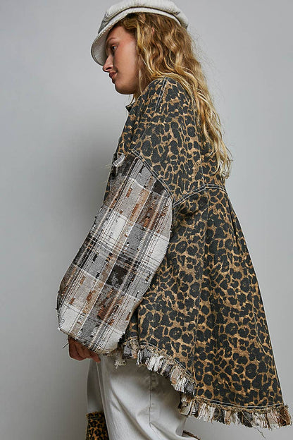 Leopard and Plaid Pattern Raw-Edge Fringe Trim Shirt Jacket