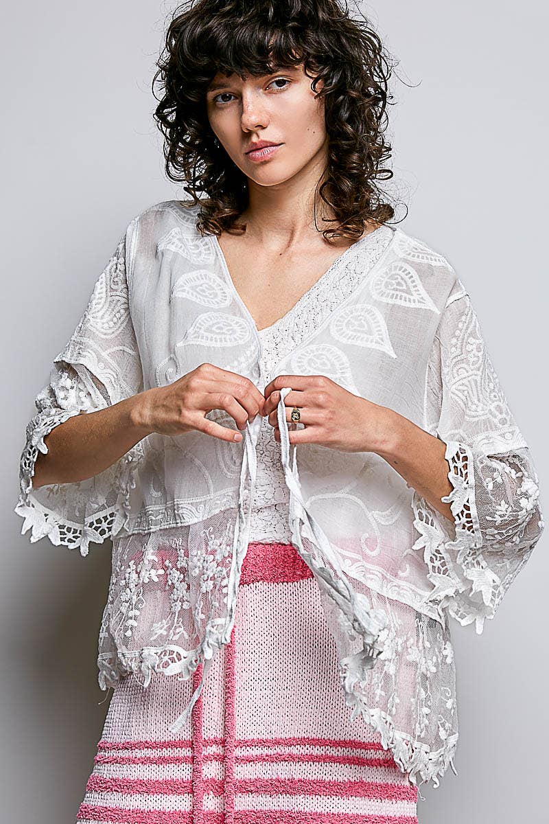 1/2 Sleeve Lace Ruffle Trim Opening Solid Crochet Cardigan