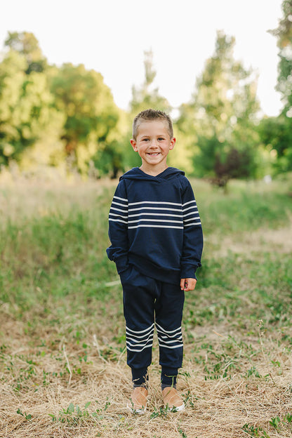 Navy Stripes French Terry Hooded Set