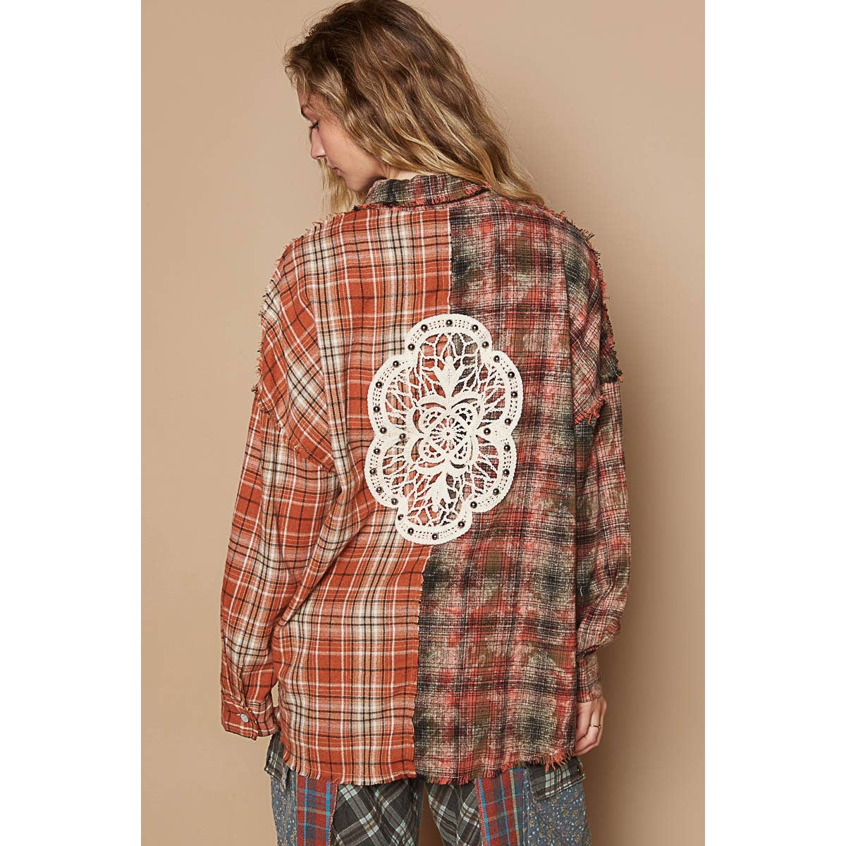 Oversized Patch Plaid Shirt - Brick