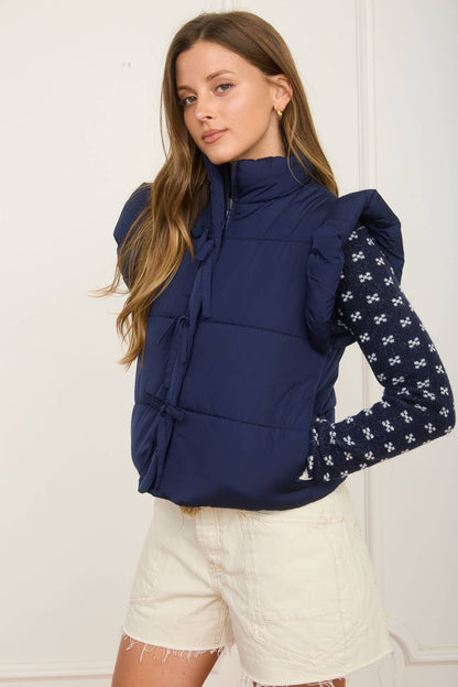 Flutter Sleeve Zip-up Bow Puffer Vest
