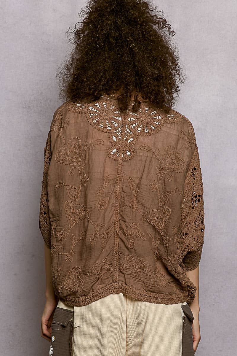 Batwing Sleeve Button Down Solid Crochet Cardigan Top