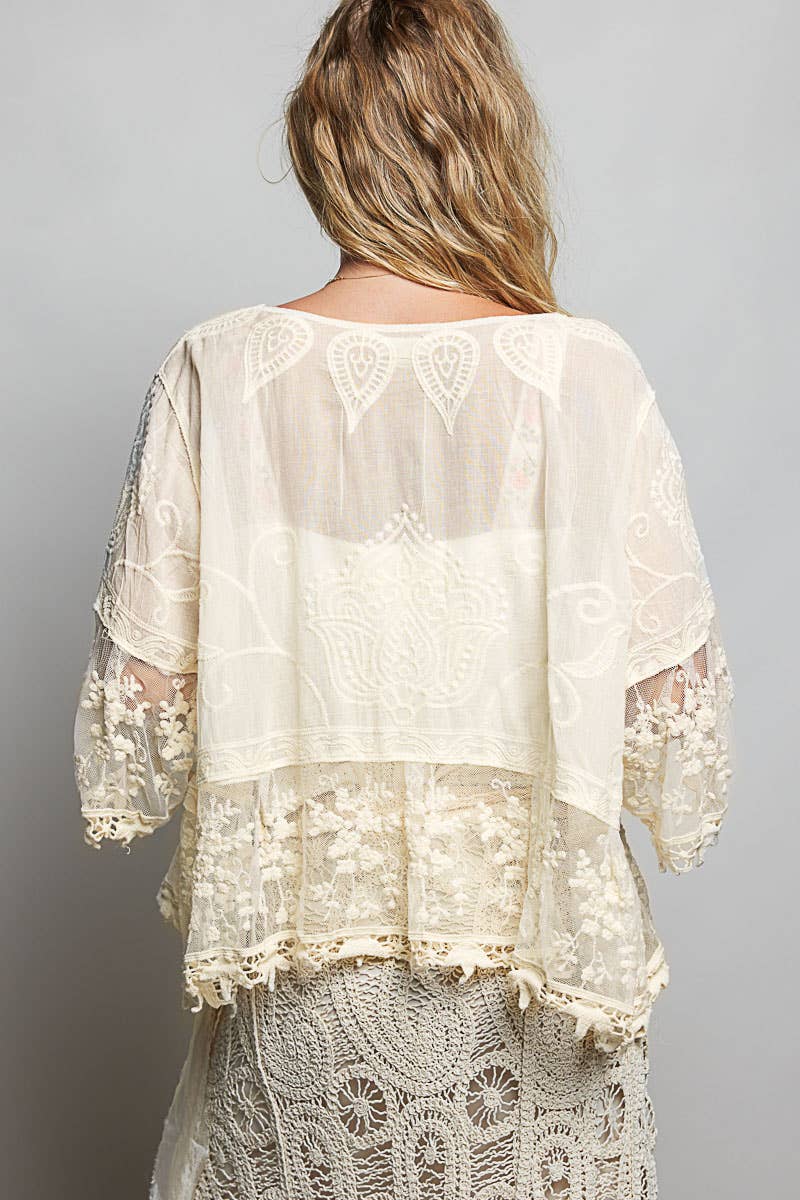 1/2 Sleeve Lace Ruffle Trim Opening Solid Crochet Cardigan