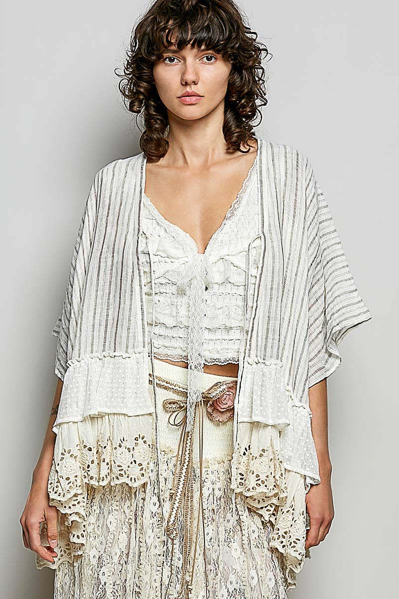 Eyelet Lace Ruffle Stripe Pattern Cardigan Top