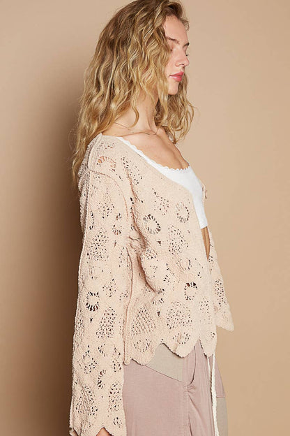 Open Knitted Crochet Cardigan - Mocha