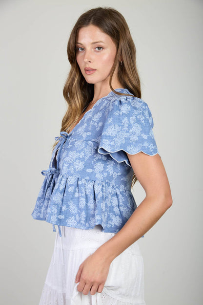 FLORAL EMBROIDERY FRONT TIE SCALLOPED PEPLUM TOP