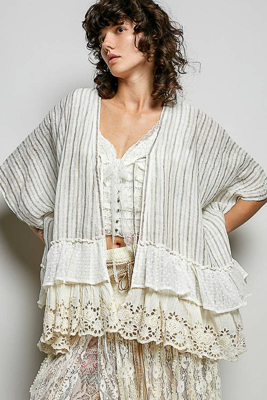 Eyelet Lace Ruffle Stripe Pattern Cardigan Top