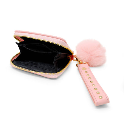 Quilted Stud Strap Wallet with Pom-Pom
