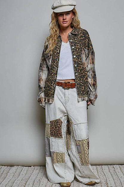 Leopard and Plaid Pattern Raw-Edge Fringe Trim Shirt Jacket