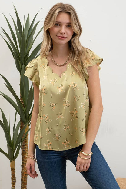 FLORAL PRINT V NECK SCALLOP SATIN BLOUSE