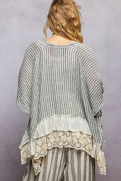 Eyelet Lace Ruffle Stripe Pattern Cardigan Top