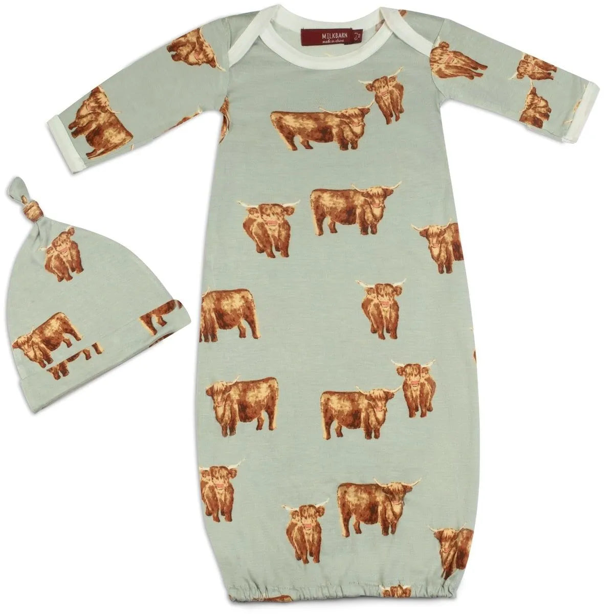 Organic Cotton Newborn Gown & Hat Set - Highland Cow