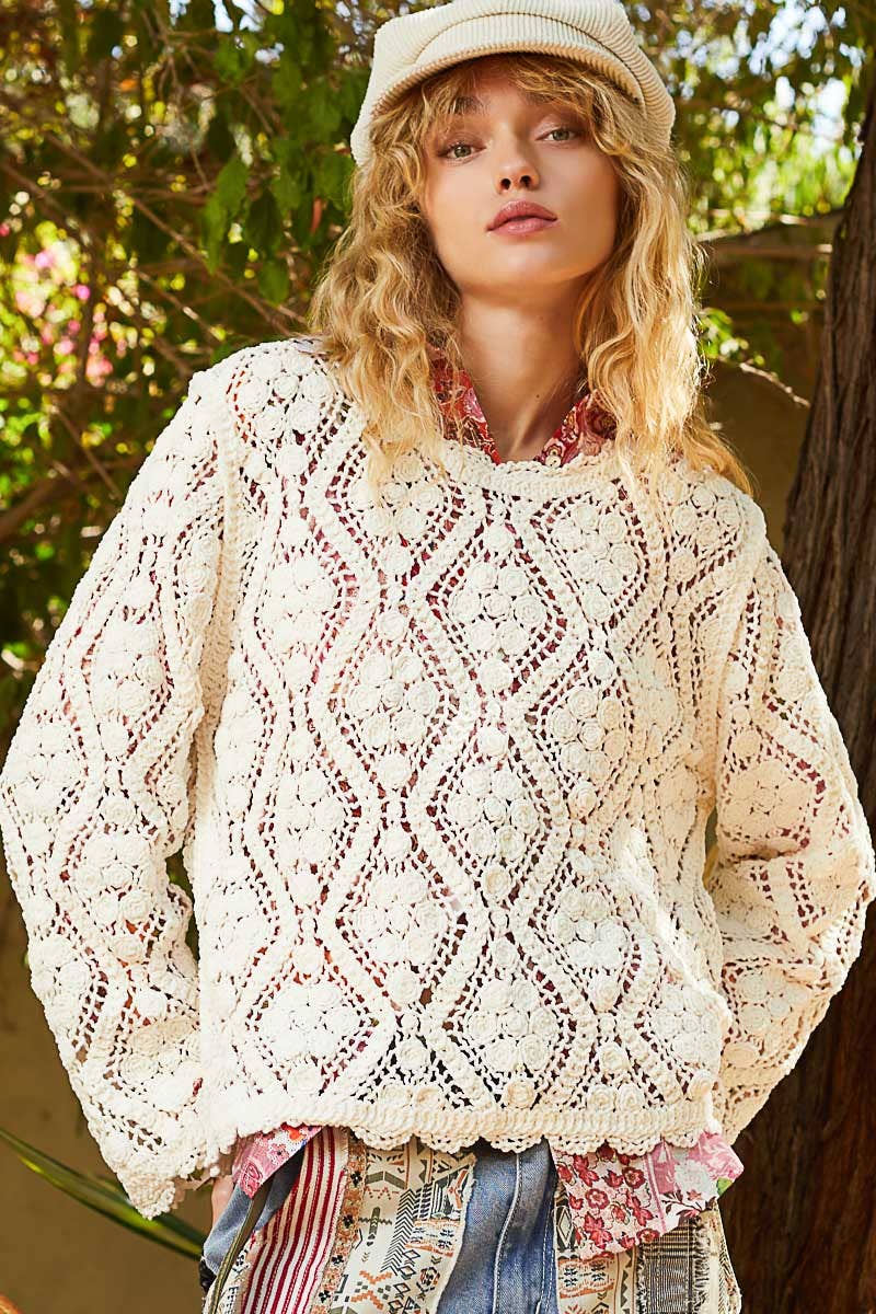 Open knitted crochet pullover sweater