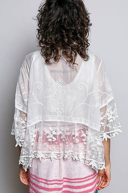 1/2 Sleeve Lace Ruffle Trim Opening Solid Crochet Cardigan