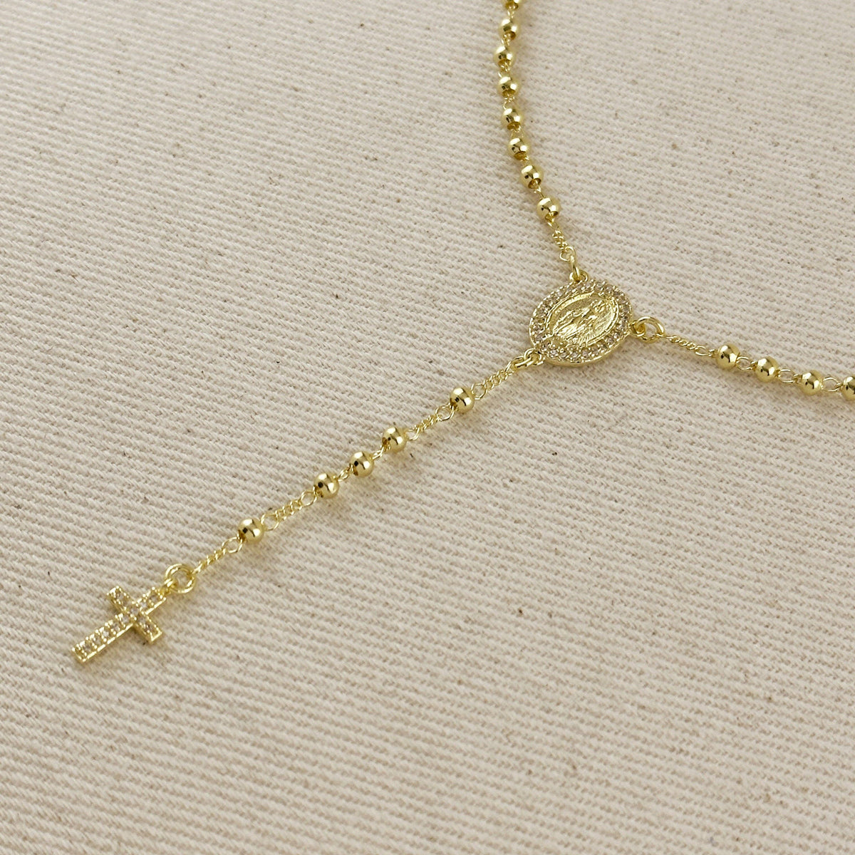 18k gold filled CZ Lady of Grace rosary necklace view 4