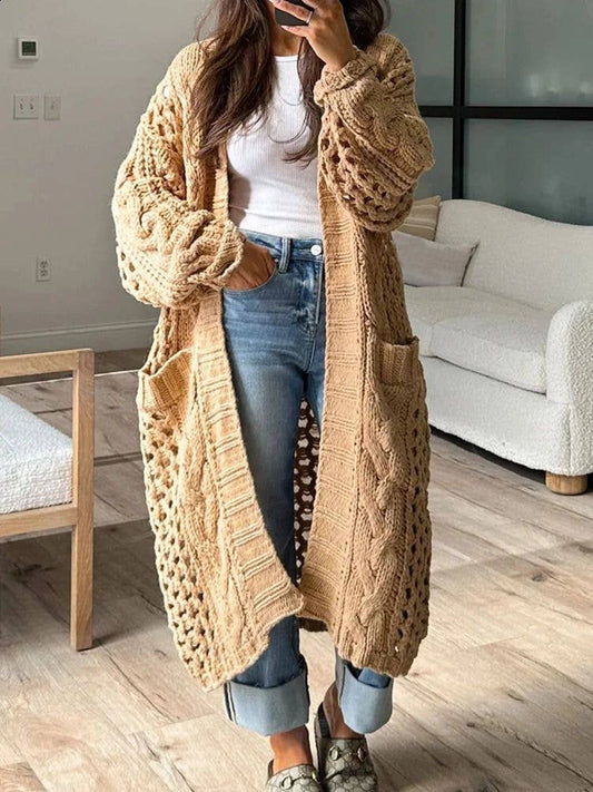 Bronze cozy cable knit long cardigan with pockets | Pencie & Ginger