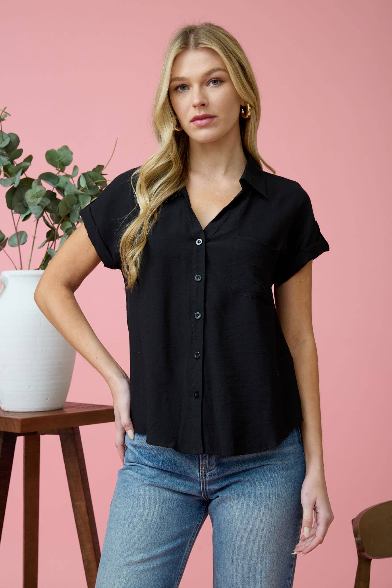 Tab Sleeve Button Down Tee