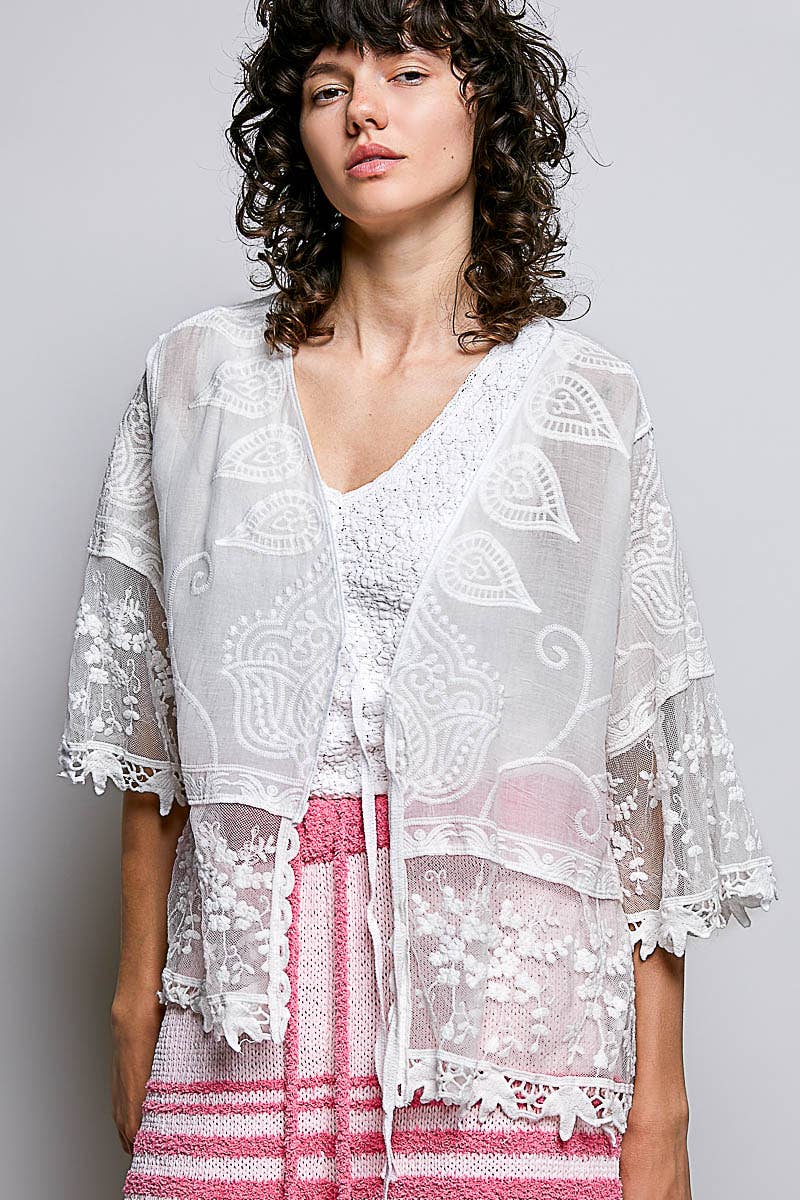 1/2 Sleeve Lace Ruffle Trim Opening Solid Crochet Cardigan
