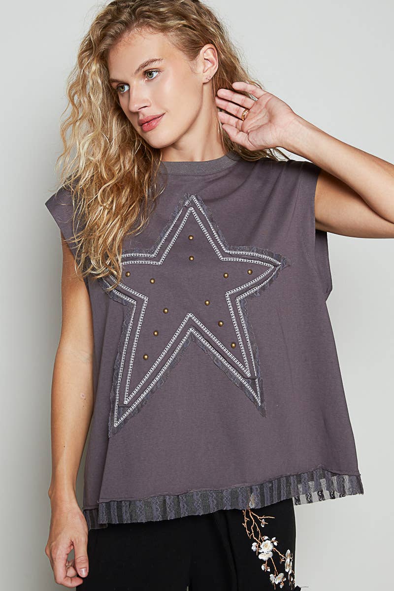 Sleeveless Star Patch Laced Hem Top