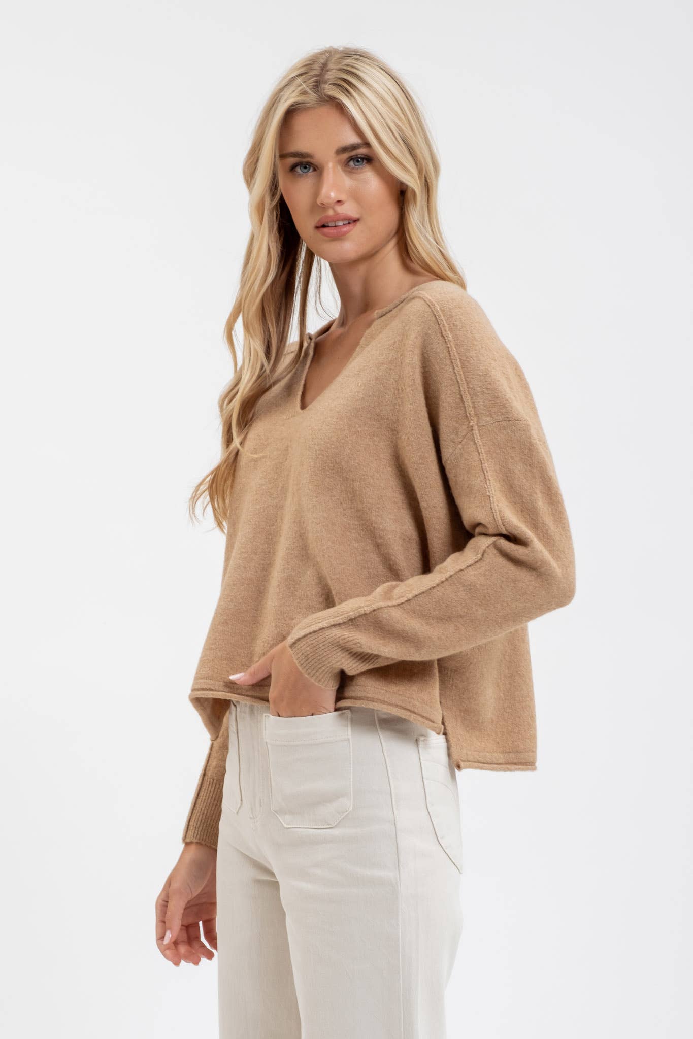 Exposed Seam Split Neck Knit Sweater - Almond