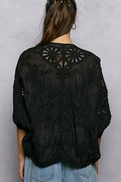 Batwing Sleeve Button Down Solid Crochet Cardigan Top