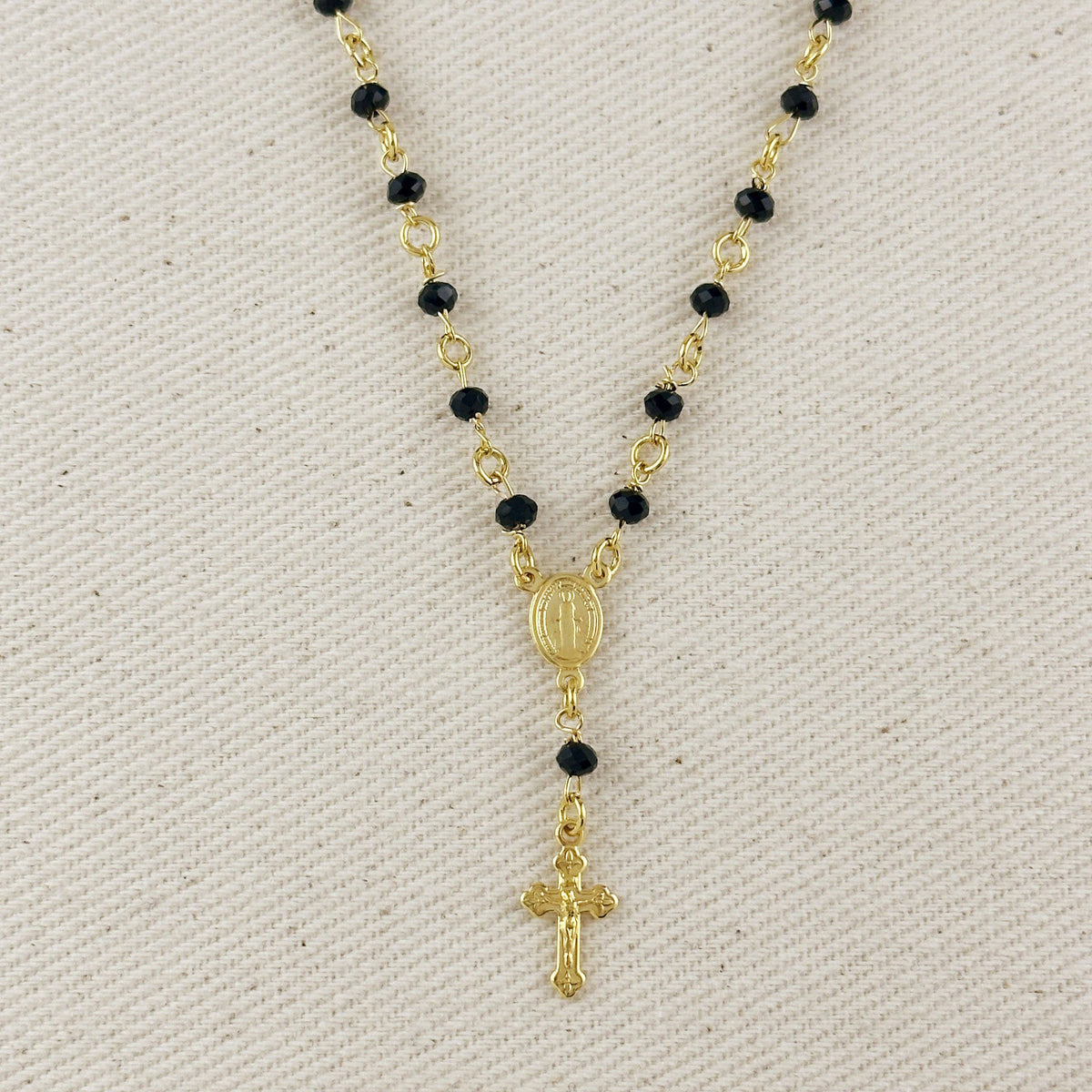 18k gold filled black crystal rosary necklace | Pencie & Ginger