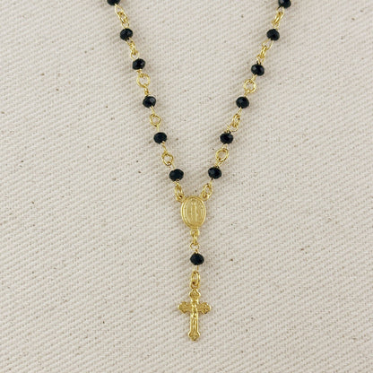 18k gold filled black crystal rosary necklace | Pencie & Ginger