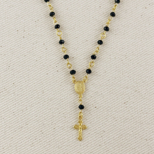 18k gold filled black crystal rosary necklace | Pencie & Ginger