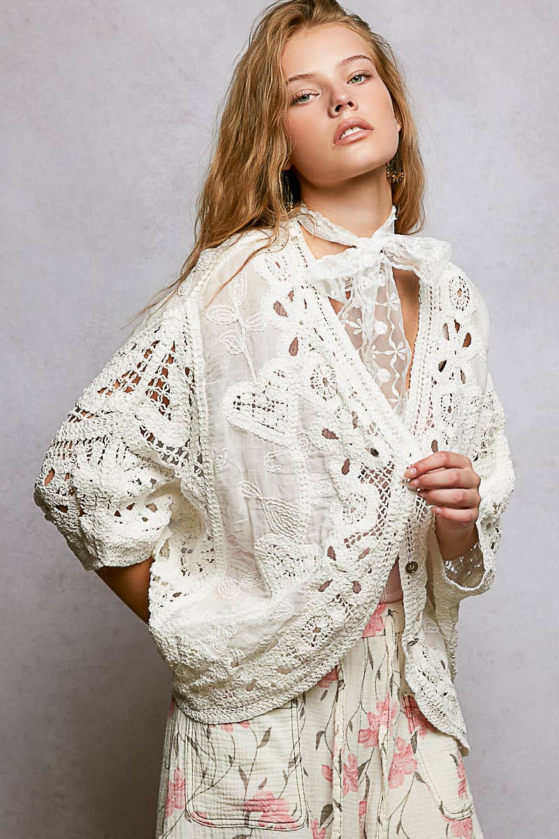 Batwing Sleeve Button Down Solid Crochet Cardigan Top