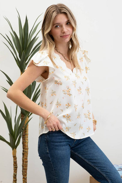 FLORAL PRINT V NECK SCALLOP SATIN BLOUSE