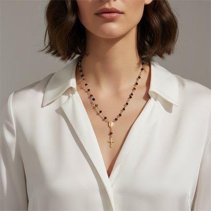 18k gold filled black crystal rosary necklace view 2