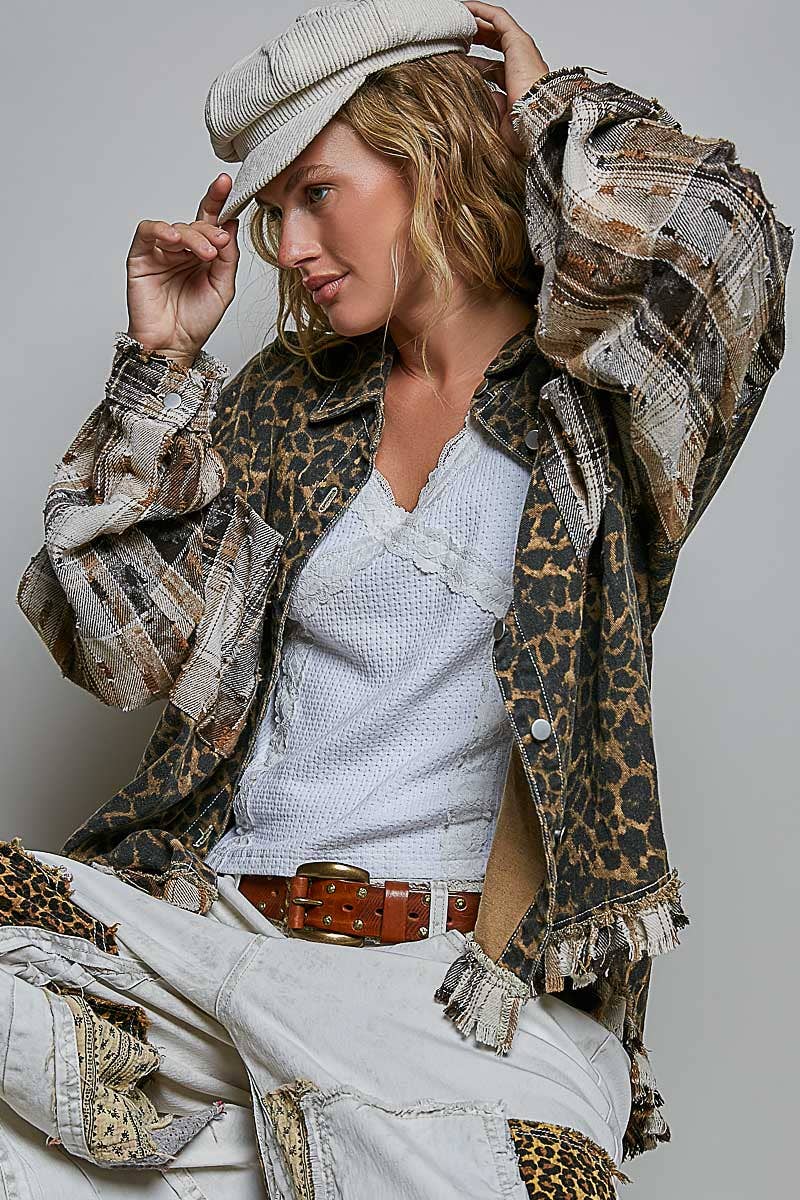 Leopard and Plaid Pattern Raw-Edge Fringe Trim Shirt Jacket