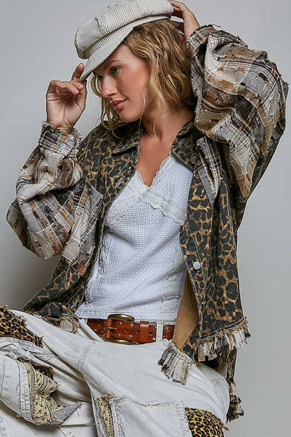 Leopard and Plaid Pattern Raw-Edge Fringe Trim Shirt Jacket