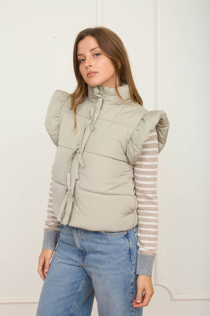 Flutter Sleeve Zip-up Bow Puffer Vest