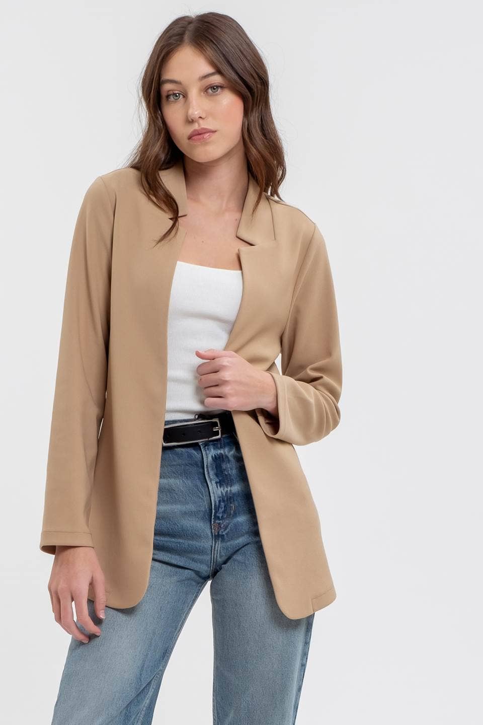 Notch Collar Long Line Blazer - Khaki