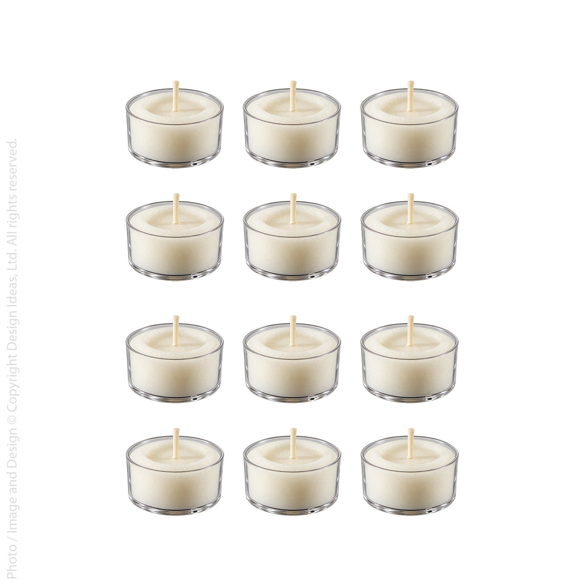 Twelve clear cup tealight candles laid out