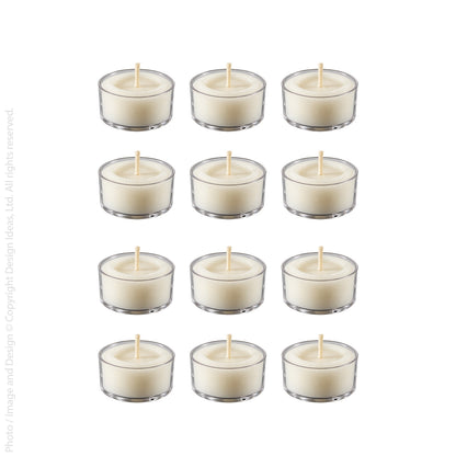Twelve clear cup tealight candles laid out