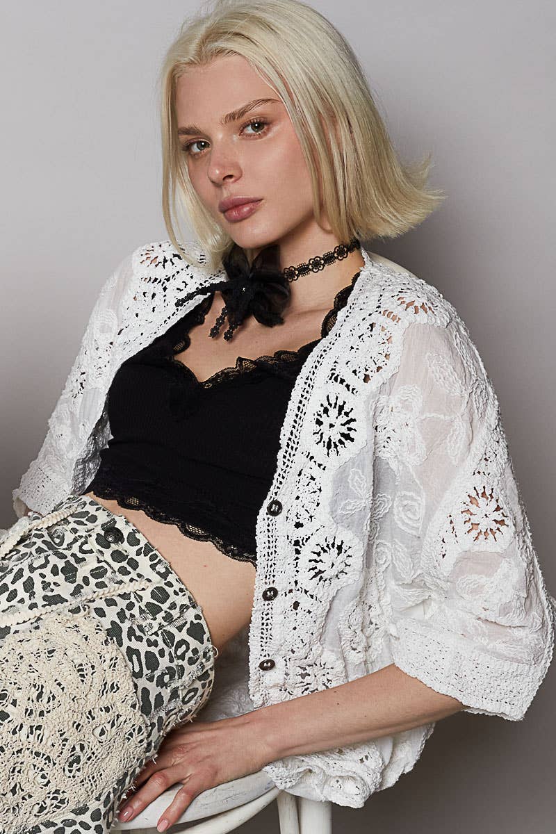 Crochet V-neck Woven Loose Fit Cardigan in Grey