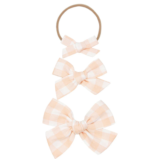 Peach Gingham Linen Bow Headband