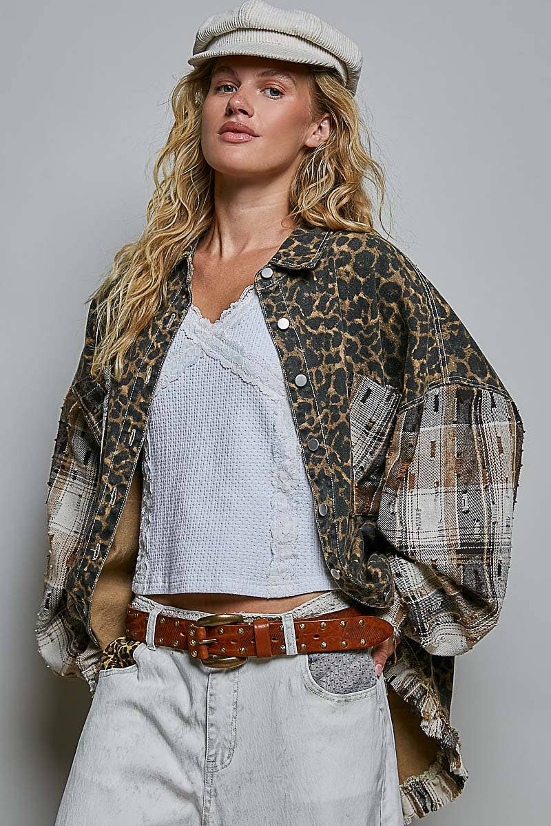 Leopard and Plaid Pattern Raw-Edge Fringe Trim Shirt Jacket