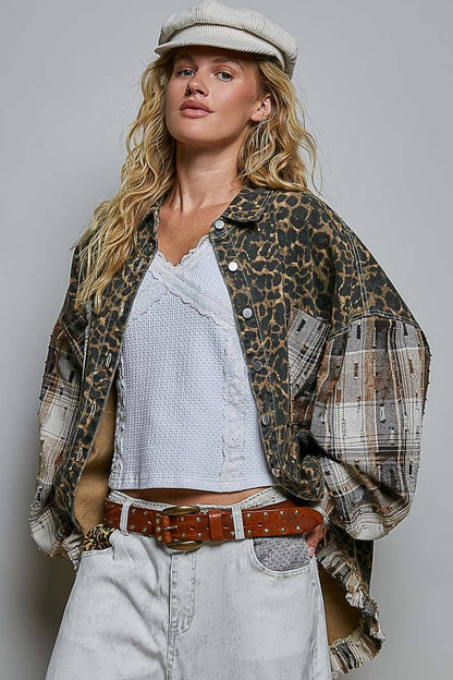 Leopard and Plaid Pattern Raw-Edge Fringe Trim Shirt Jacket