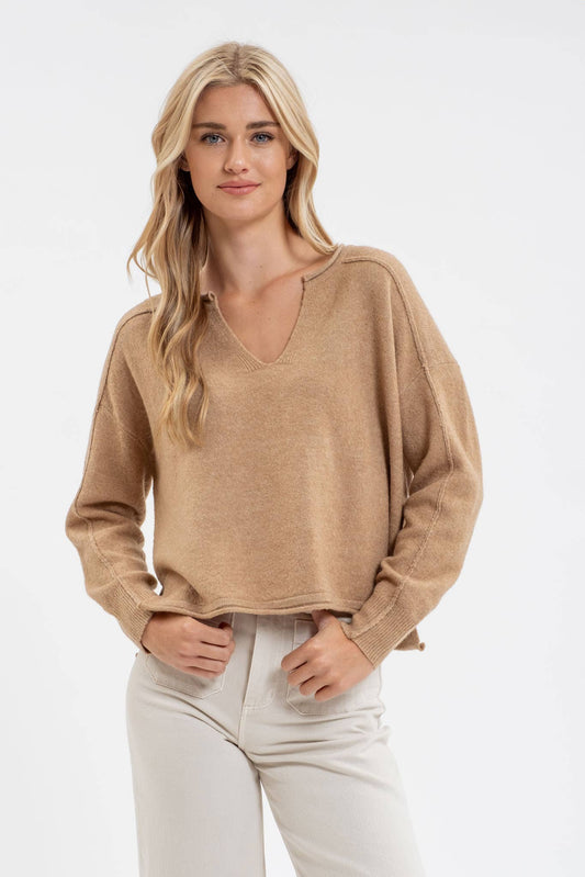 Exposed Seam Split Neck Knit Sweater - Almond