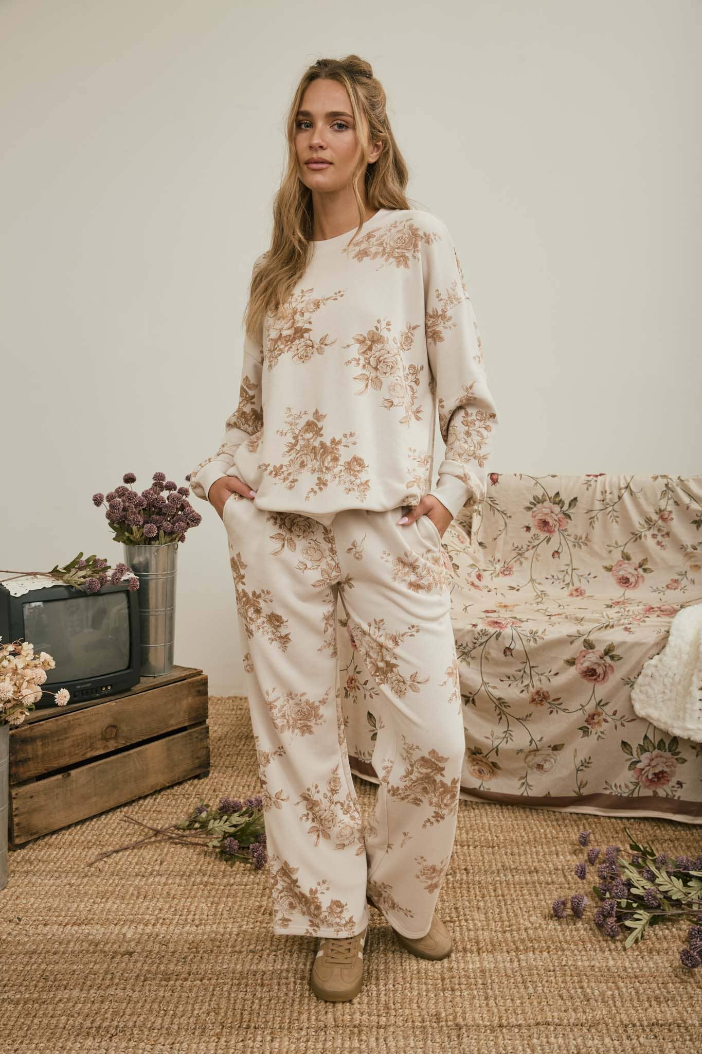 FLORAL TOILE WIDE LEG KNIT LOUNGE PANTS