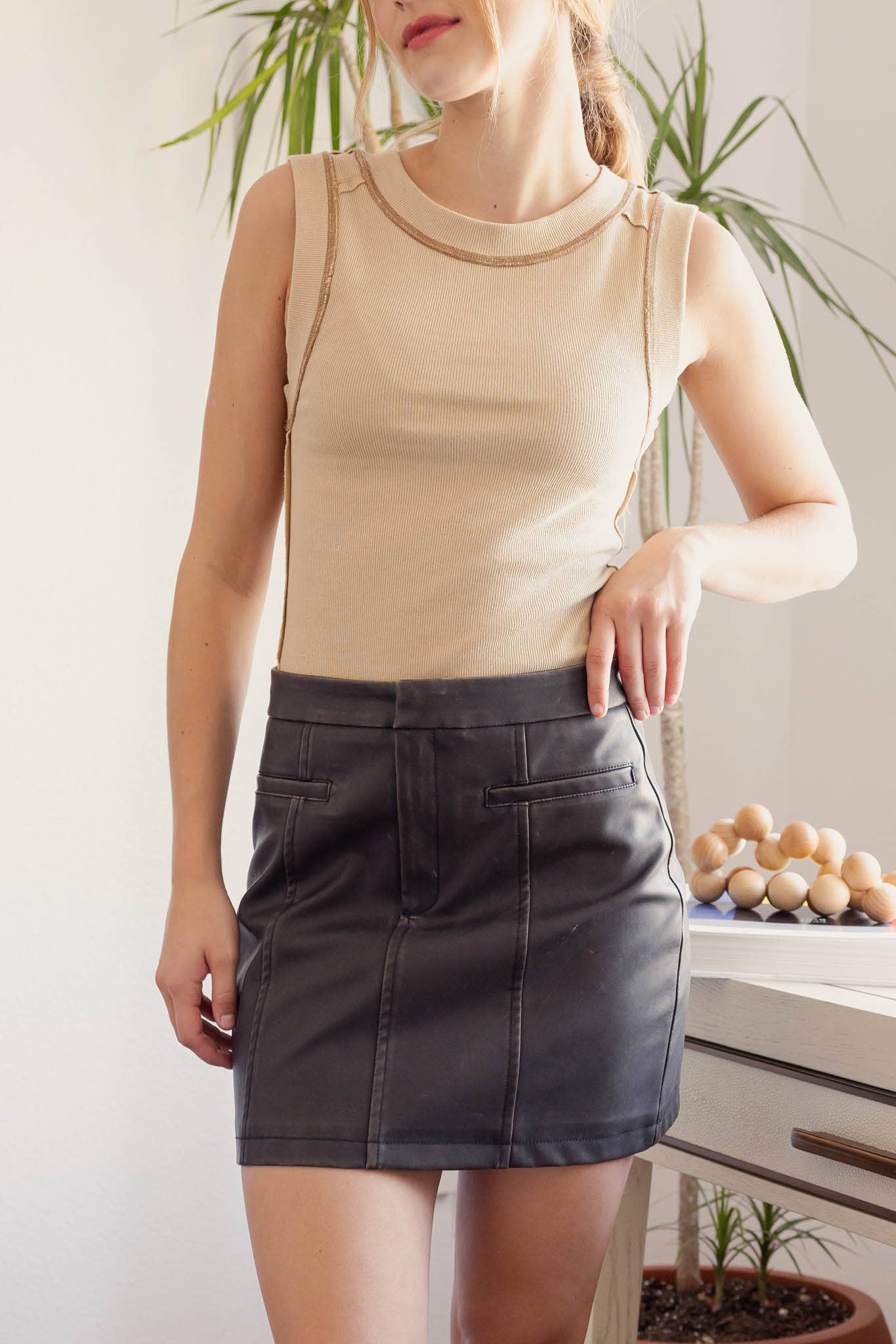 Washed Faux Leather Mini Skirt