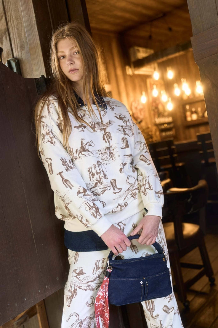 Western Print Crew Neck Long Sleeve Knit Top