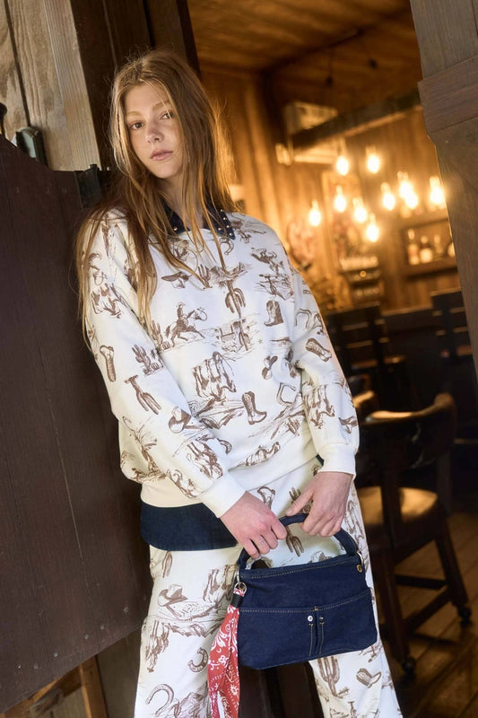 Western Print Crew Neck Long Sleeve Knit Top