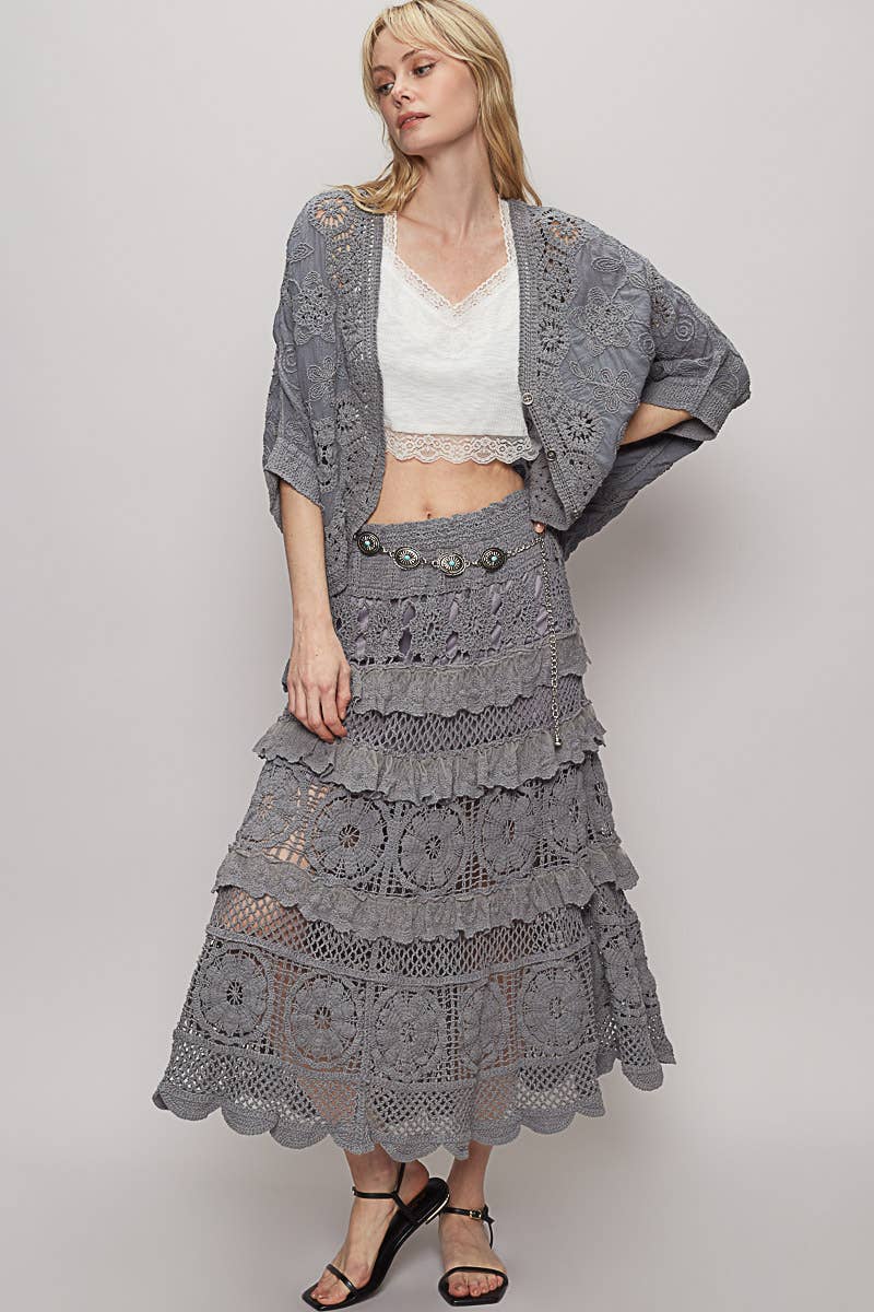 Crochet V-neck Woven Loose Fit Cardigan in Grey